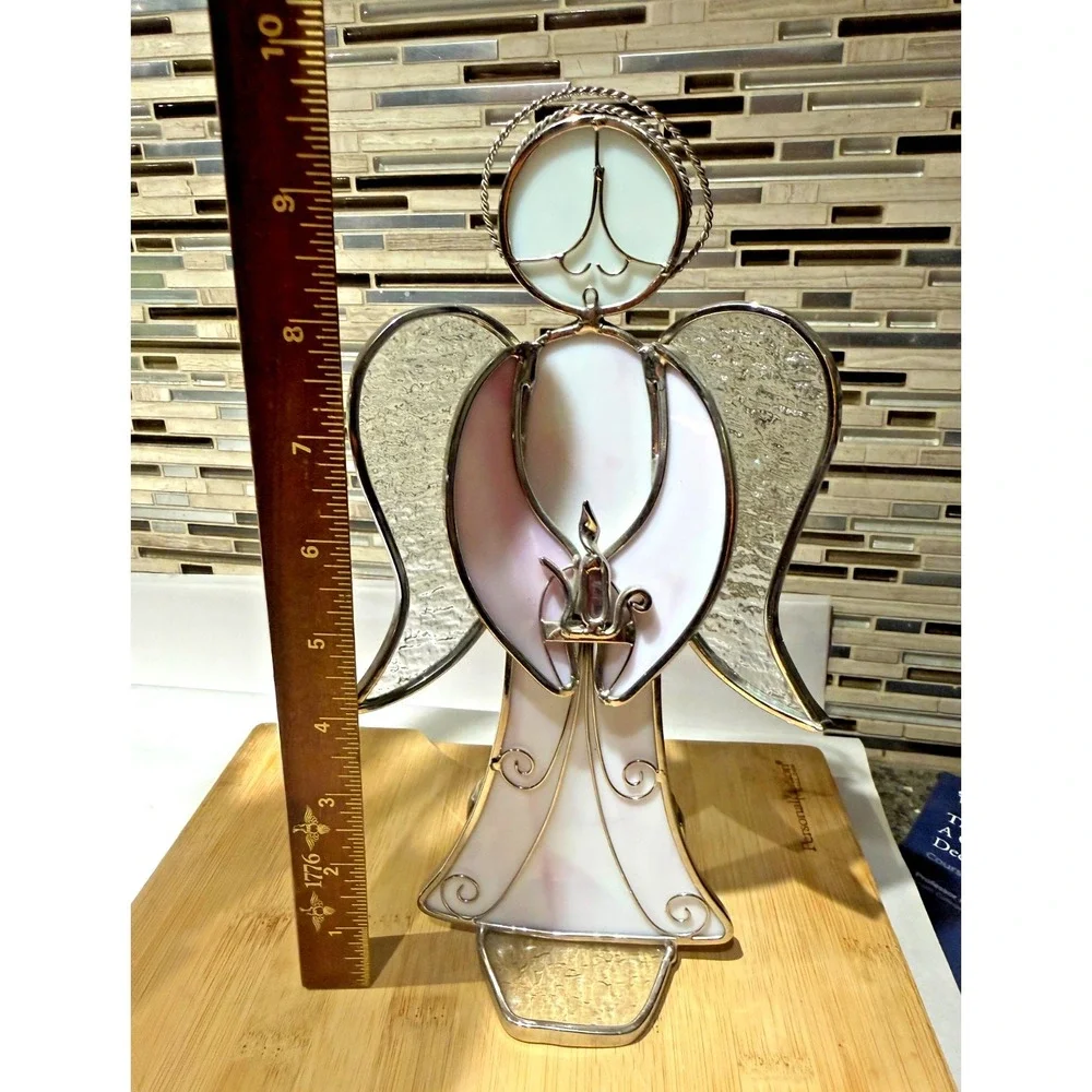 Vintage Stained Glass Angel Candle Holder White Pink Wings Handmade 10